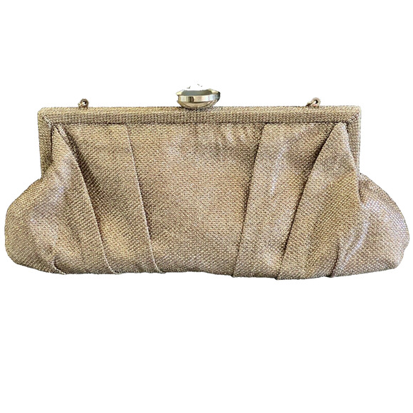 Jessica McClintock Glitter & Shine Evening Clutch Handbag Gold Satin Lining - Picture 2 of 12